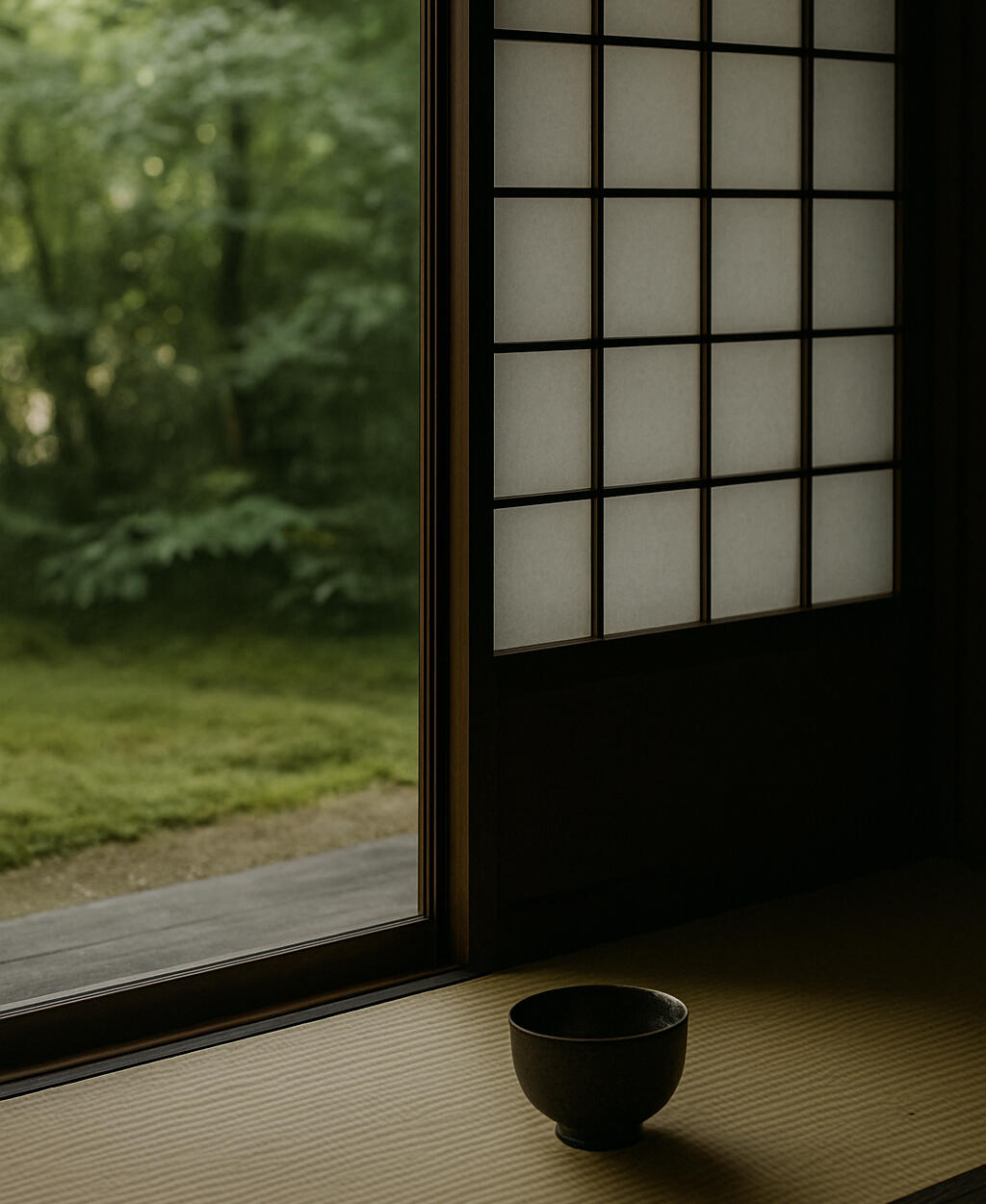 Japanese stillness Bamboo ladle with dripping water on a stone basin